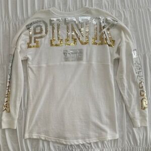 NWT 2015 Victoria's Secret PINK Silver Gold & White Long Sleeve Spirit Jersey